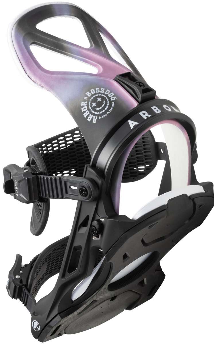Arbor Hemlock Snowboard Bindings 2023 - A pair of black bindings with white accents and a circular logo on the top strap that says "Arbor" in small letters around it.