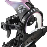 Arbor Hemlock Snowboard Bindings 2023 - A pair of black bindings with white accents and a circular logo on the top strap that says "Arbor" in small letters around it.