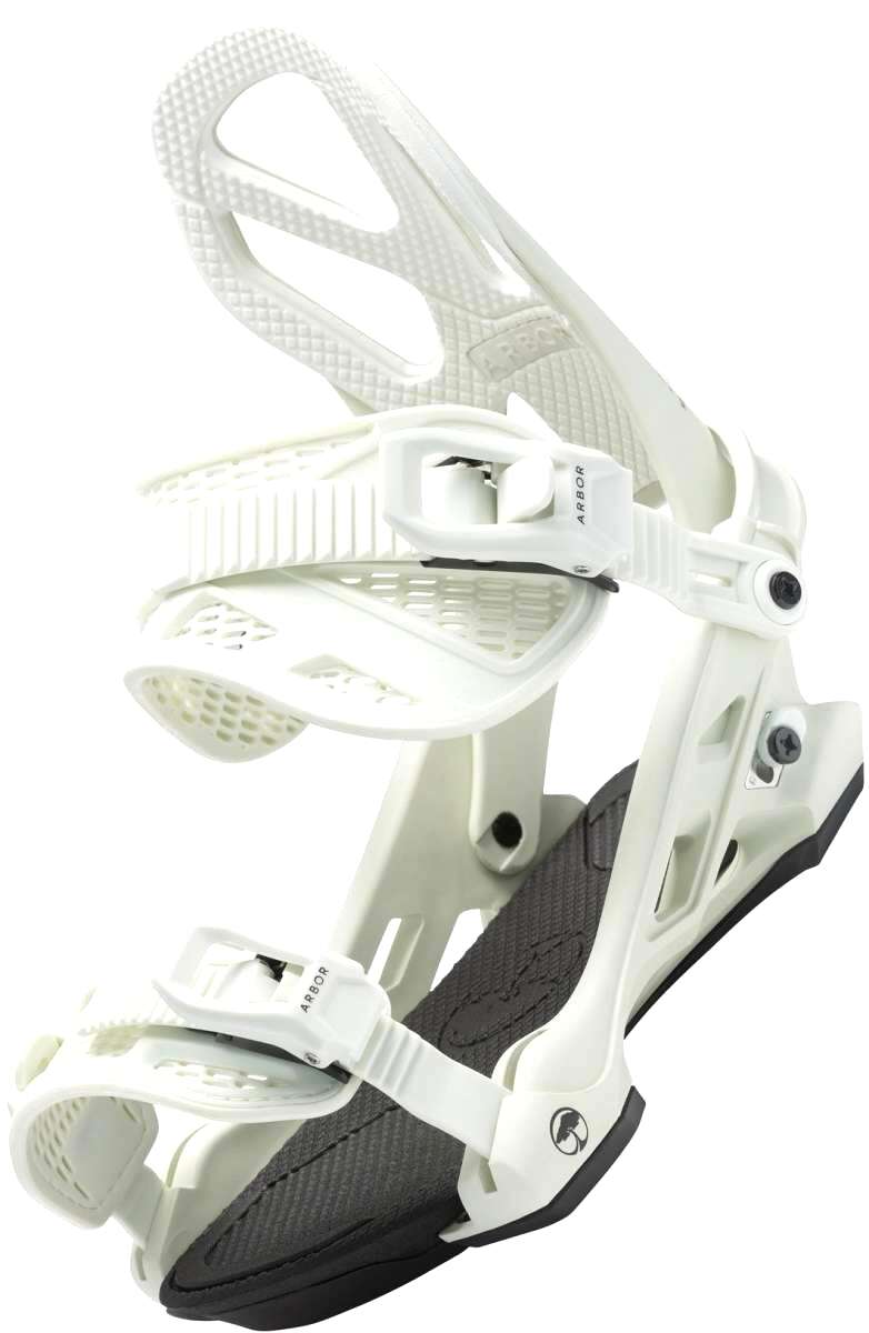 Arbor Hemlock Snowboard Bindings 2023 - White bindings with black straps and buckles, featuring a textured pattern on the footbed.