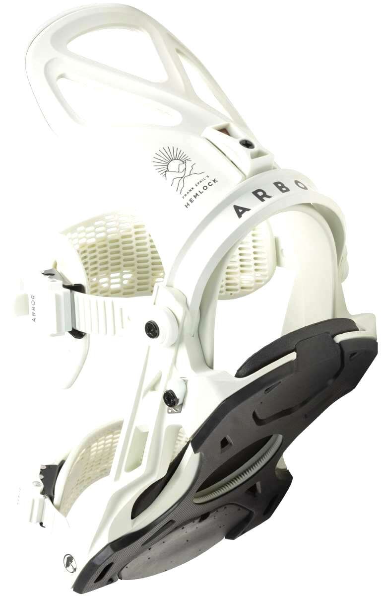 Arbor Hemlock Snowboard Bindings 2023 - White bindings with black straps and buckles, featuring a sunburst logo on top strap.