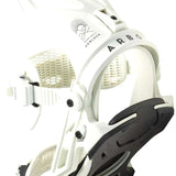 Arbor Hemlock Snowboard Bindings 2023 - White bindings with black straps and buckles, featuring a sunburst logo on top strap.