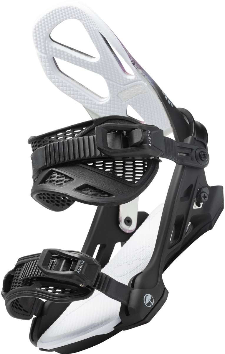 Arbor Hemlock Snowboard Bindings 2023 - Black bindings with white accents and a textured strap on top.