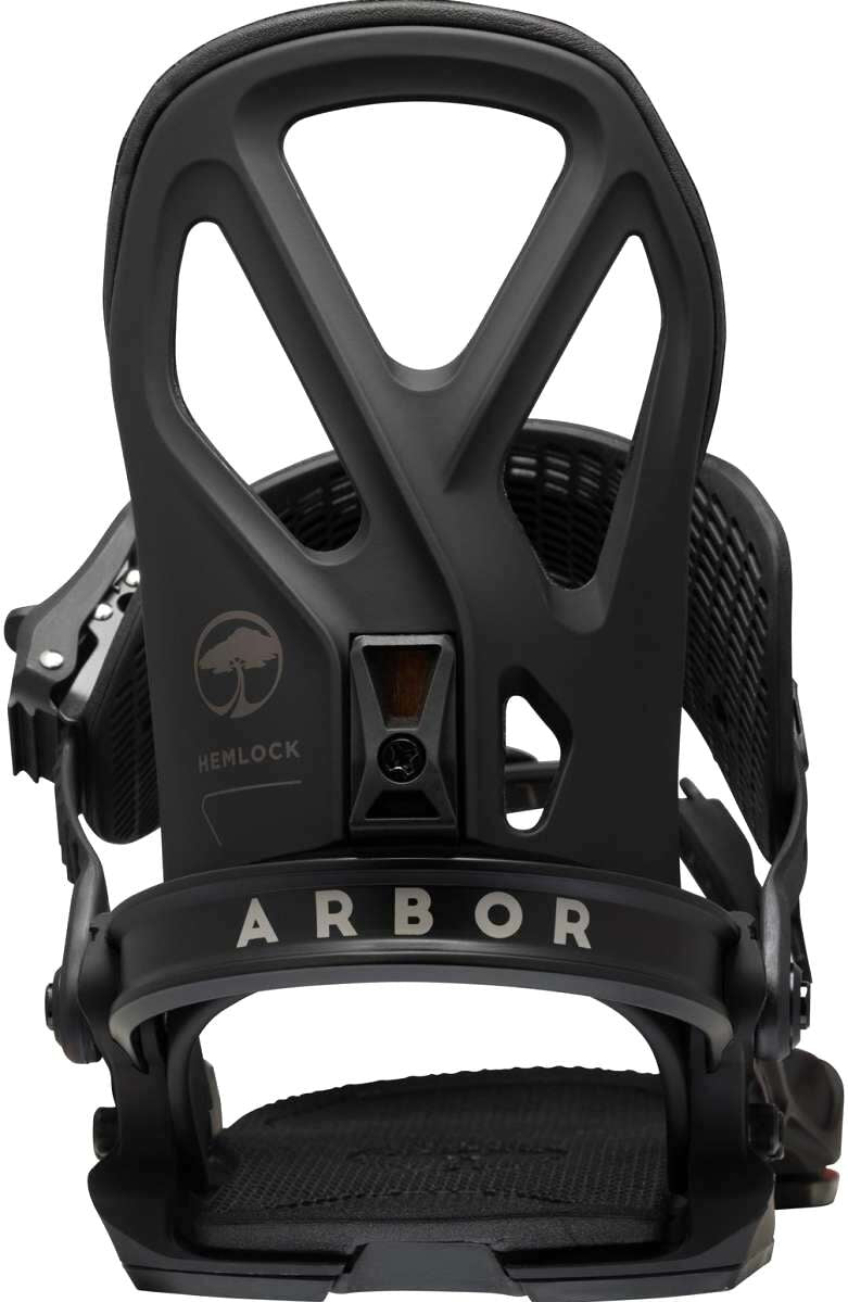 Arbor Hemlock Snowboard Bindings 2023 - A black snowboard binding with a distinctive tree logo on the side and a textured strap.