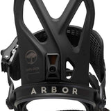 Arbor Hemlock Snowboard Bindings 2023 - A black snowboard binding with a distinctive tree logo on the side and a textured strap.