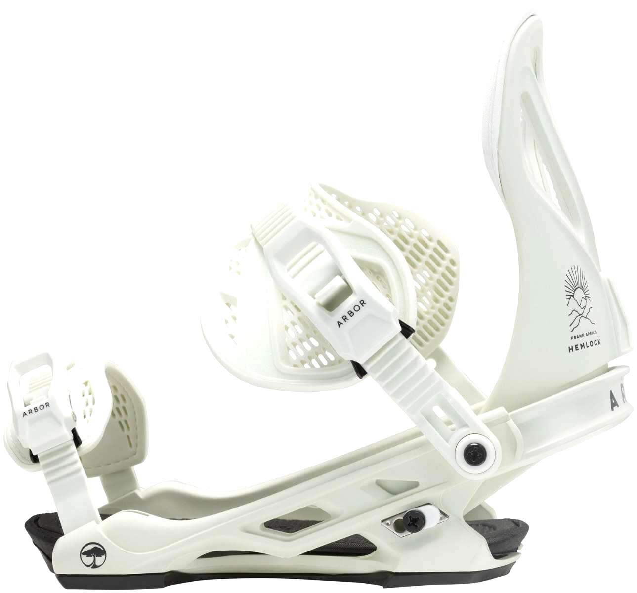 Arbor Hemlock Snowboard Bindings 2023 - White bindings with black straps and buckles.