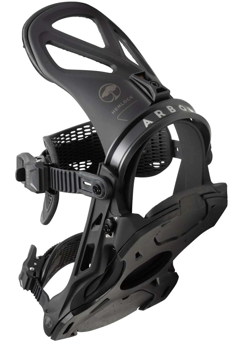 Arbor Hemlock Snowboard Bindings 2023 - Black bindings with white lettering and logo on top strap.