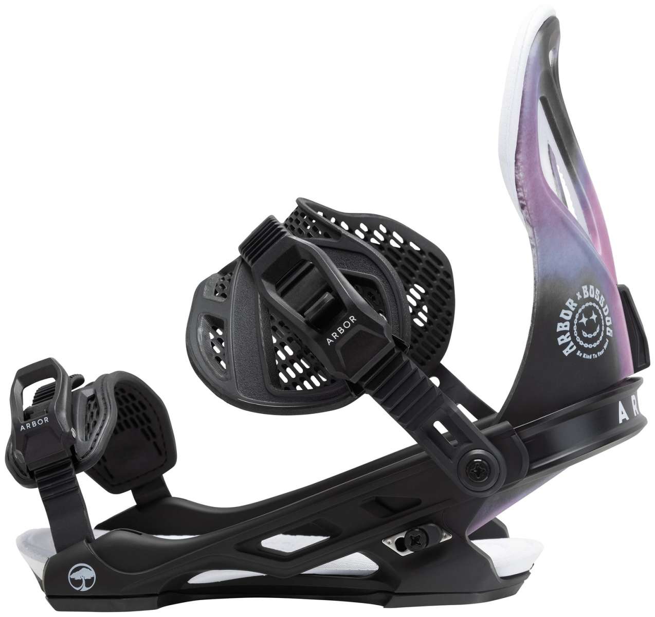 Arbor Hemlock Snowboard Bindings 2023 - A pair of black snowboard bindings with a distinctive white logo on the highback strap.
