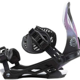 Arbor Hemlock Snowboard Bindings 2023 - A pair of black snowboard bindings with a distinctive white logo on the highback strap.