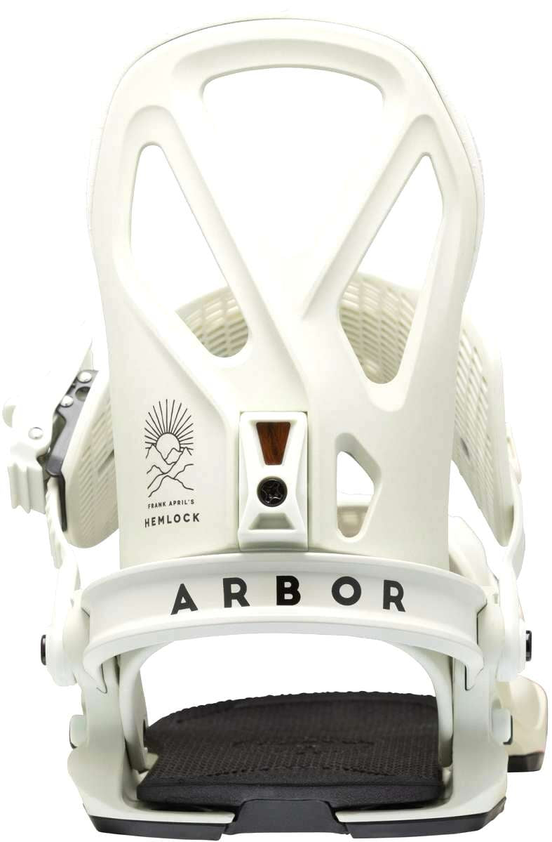 Arbor Hemlock Snowboard Bindings 2023 - A pair of white snowboard bindings with a black strap and silver screws.