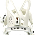 Arbor Hemlock Snowboard Bindings 2023 - A pair of white snowboard bindings with a black strap and silver screws.