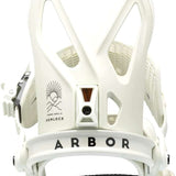 Arbor Hemlock Snowboard Bindings 2023 - A pair of white snowboard bindings with a black strap and silver screws.