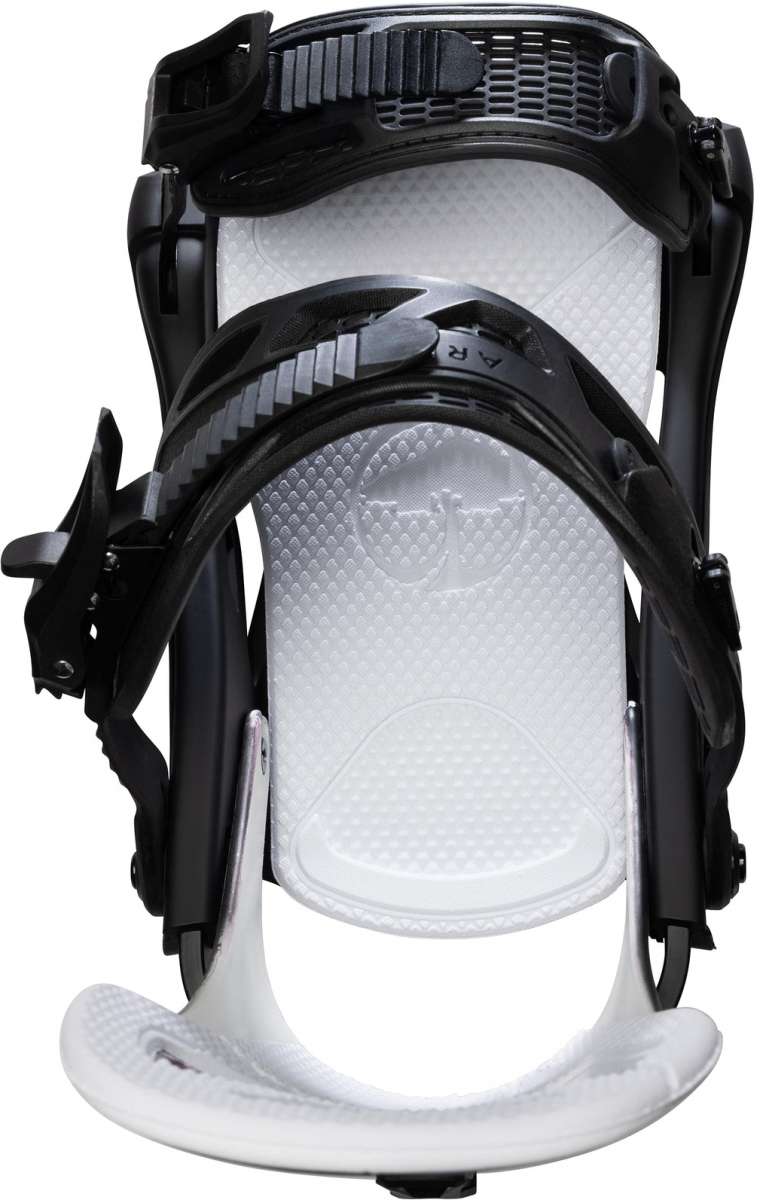 Arbor Hemlock Snowboard Bindings 2023 - A black snowboard binding with a white baseplate and straps, viewed from the back.