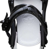 Arbor Hemlock Snowboard Bindings 2023 - A black snowboard binding with a white baseplate and straps, viewed from the back.