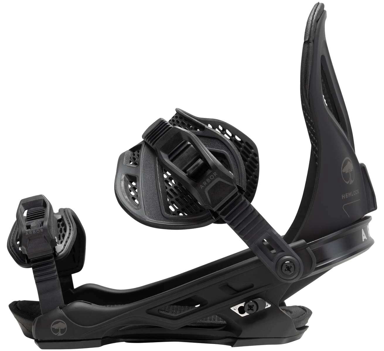 Arbor Hemlock Snowboard Bindings 2023 - A pair of black snowboard bindings with a distinctive mushroom logo on each binding.