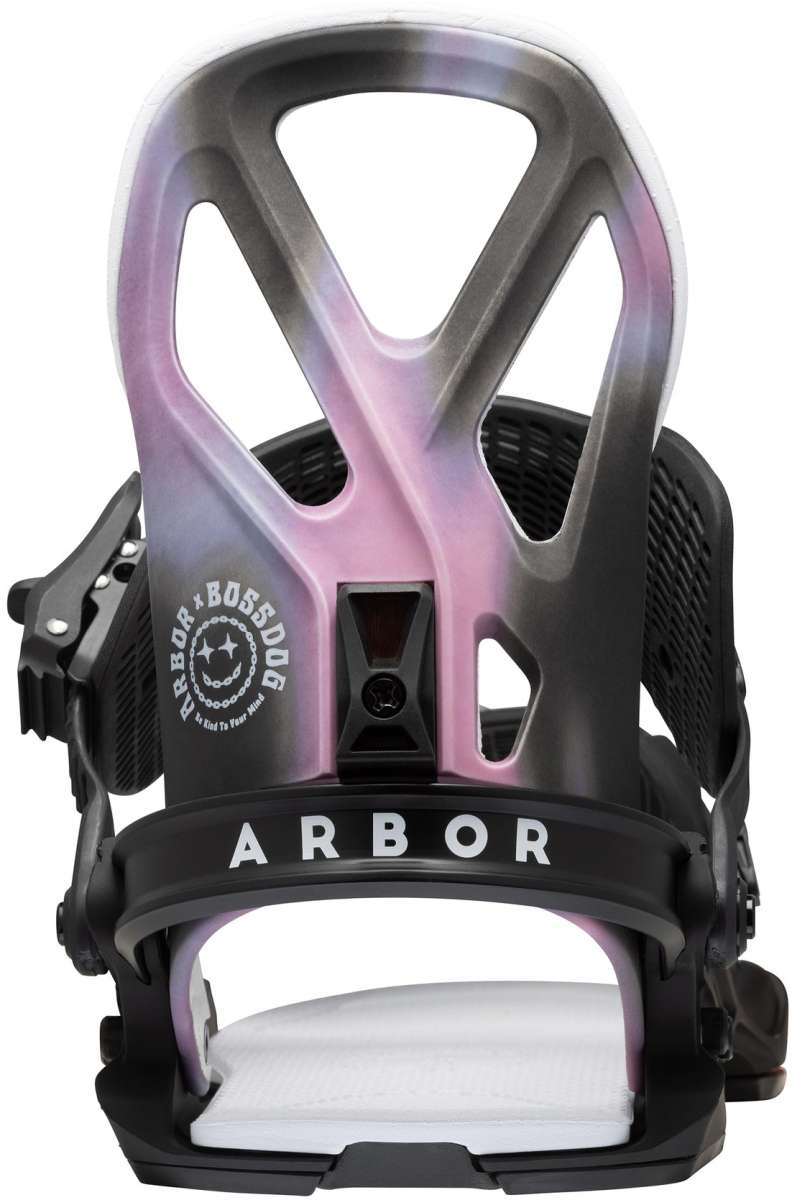 Arbor Hemlock Snowboard Bindings 2023 - A black snowboard binding with a white logo on the top left side that says "Arbor x Boss Dog".