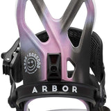 Arbor Hemlock Snowboard Bindings 2023 - A black snowboard binding with a white logo on the top left side that says "Arbor x Boss Dog".