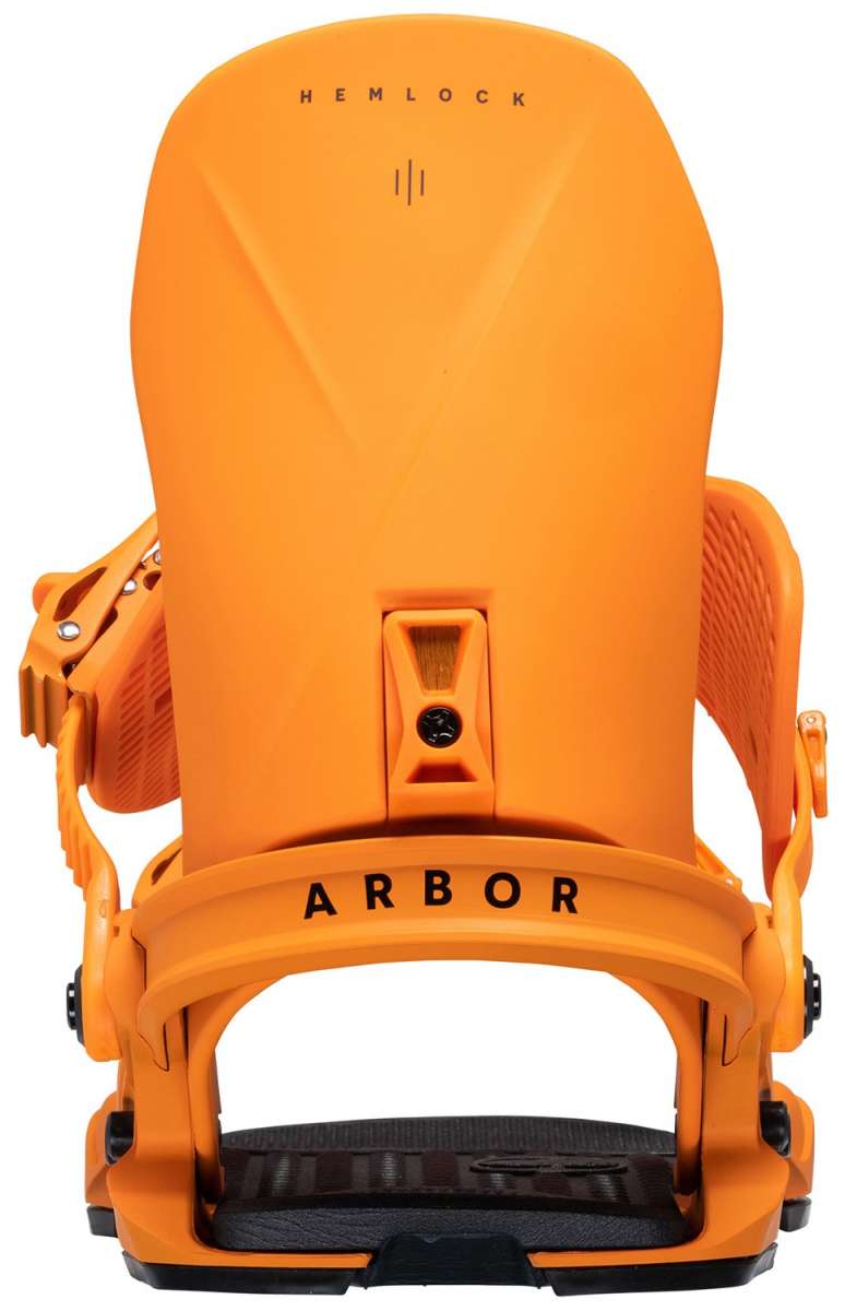 Arbor Hemlock Snowboard Bindings 2024 - A pair of bright orange snowboard bindings with black screws and buckles.