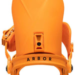 Arbor Hemlock Snowboard Bindings 2024 - A pair of bright orange snowboard bindings with black screws and buckles.