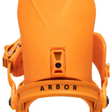 Arbor Hemlock Snowboard Bindings 2024 - A pair of bright orange snowboard bindings with black screws and buckles.