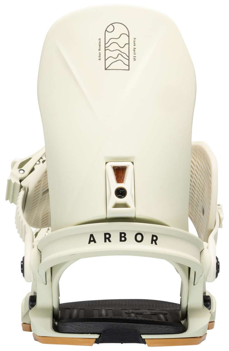 Arbor Hemlock - A cream-colored snowboard binding with a minimalist design, featuring a small logo on top and a black strap in front.