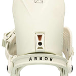 Arbor Hemlock - A cream-colored snowboard binding with a minimalist design, featuring a small logo on top and a black strap in front.
