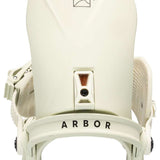 Arbor Hemlock - A cream-colored snowboard binding with a minimalist design, featuring a small logo on top and a black strap in front.