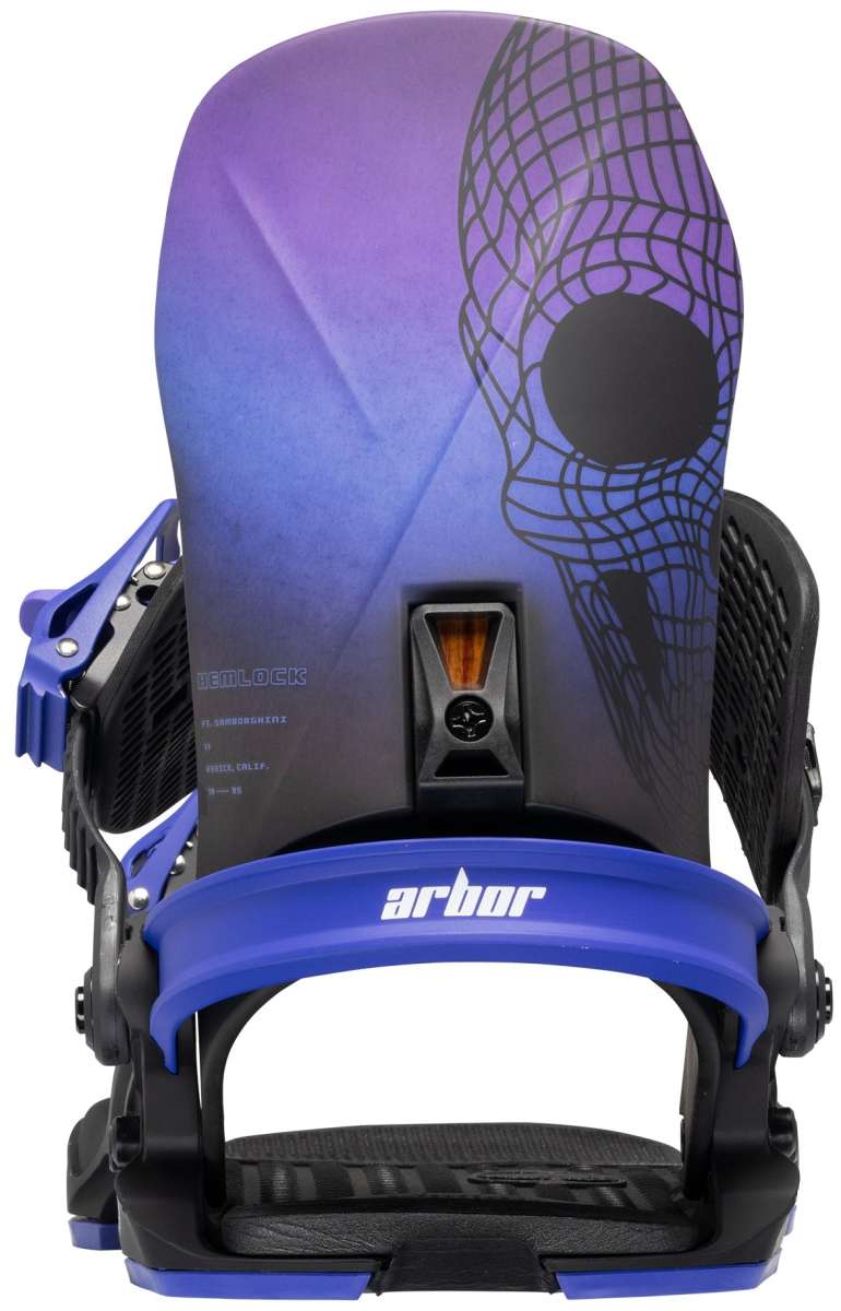 Arbor Hemlock Snowboard Bindings 2024 - A pair of black bindings with a purple gradient design on top, featuring a geometric pattern and a circular logo.