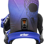 Arbor Hemlock Snowboard Bindings 2024 - A pair of black bindings with a purple gradient design on top, featuring a geometric pattern and a circular logo.