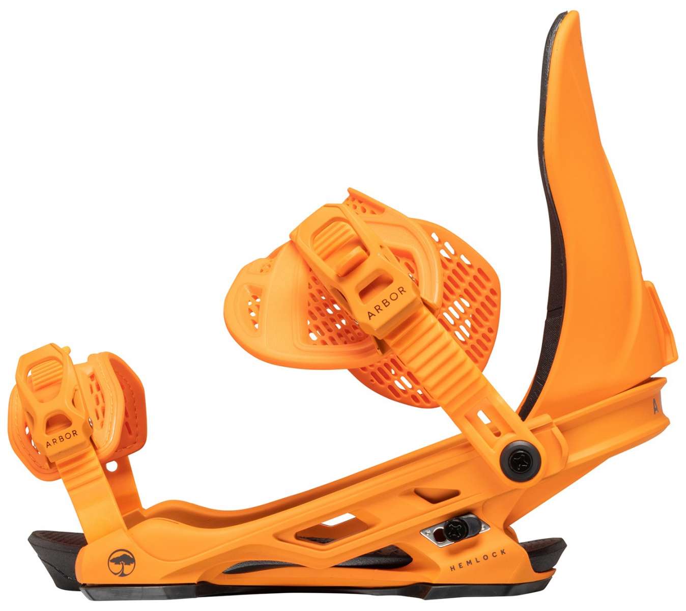 Arbor Hemlock Snowboard Bindings 2024 - A pair of bright orange snowboard bindings with black accents and a distinctive tree logo on the highback.
