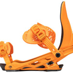 Arbor Hemlock Snowboard Bindings 2024 - A pair of bright orange snowboard bindings with black accents and a distinctive tree logo on the highback.