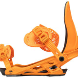 Arbor Hemlock Snowboard Bindings 2024 - A pair of bright orange snowboard bindings with black accents and a distinctive tree logo on the highback.