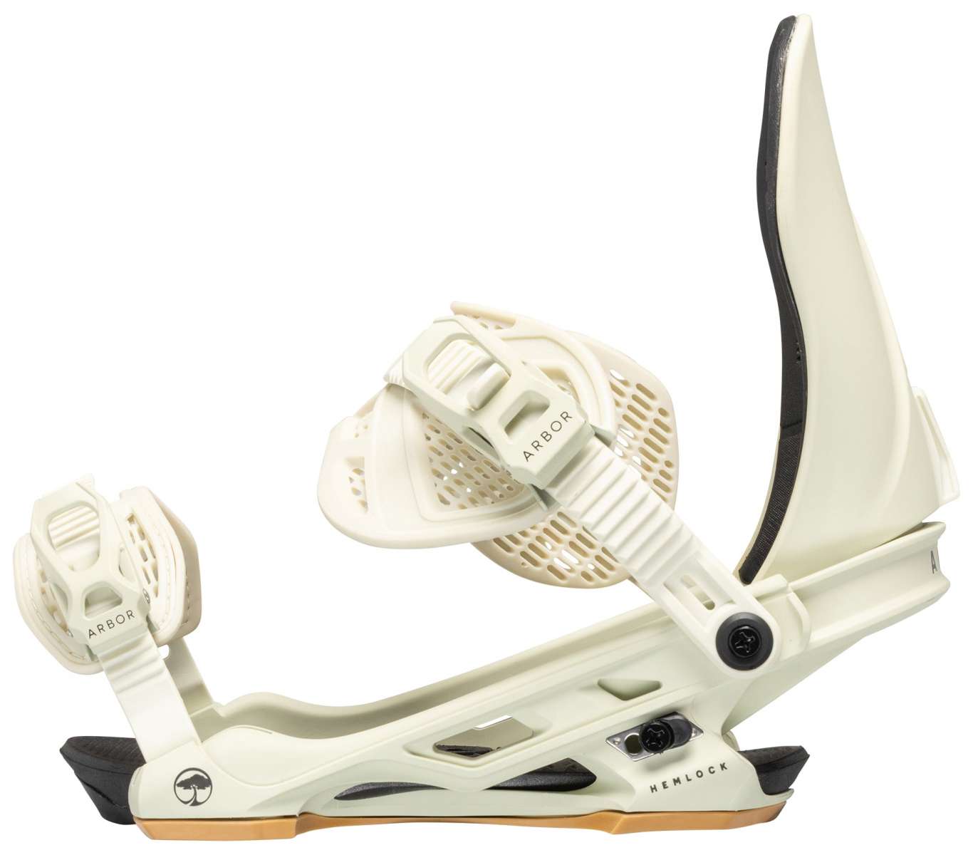 Arbor Hemlock Snowboard Bindings 2024 - White bindings with black straps and buckles on a white background.