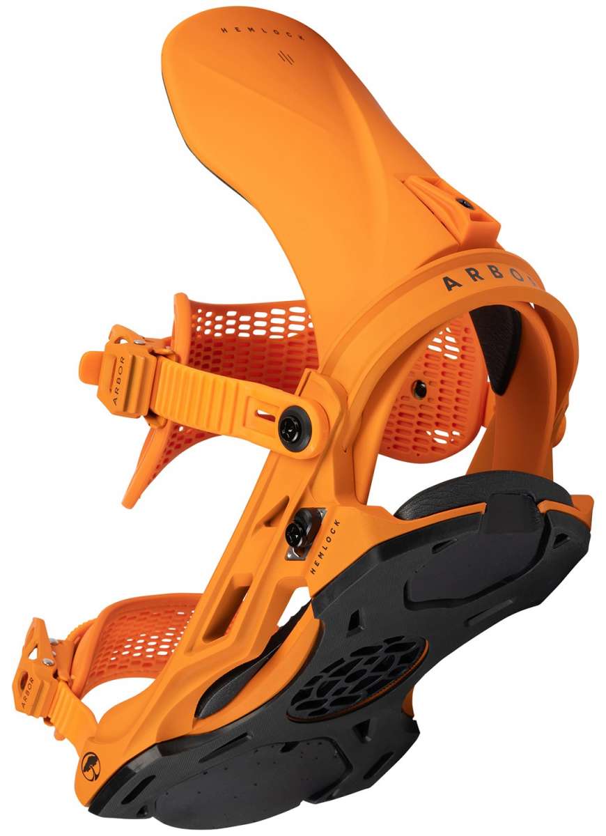 Arbor Hemlock Snowboard Bindings 2024 - A pair of bright orange snowboard bindings with black buckles and straps, featuring a textured pattern on the footbeds.