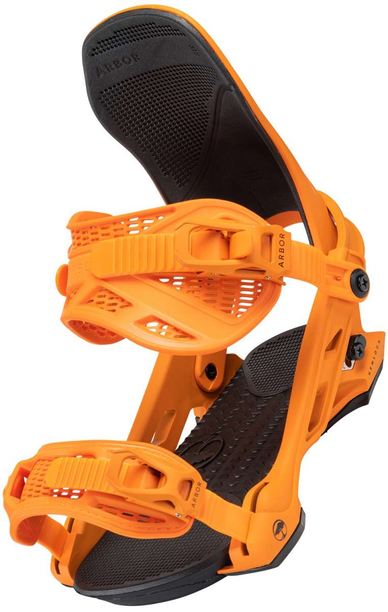 Arbor Hemlock Snowboard Bindings 2024 - A pair of snowboard bindings with a black base and bright orange straps.