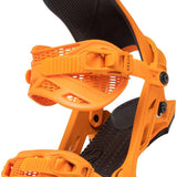 Arbor Hemlock Snowboard Bindings 2024 - A pair of snowboard bindings with a black base and bright orange straps.