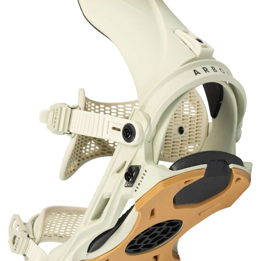 Arbor Hemlock Snowboard Bindings 2024 - White bindings with black screws and buckles, featuring a mesh material on the straps.