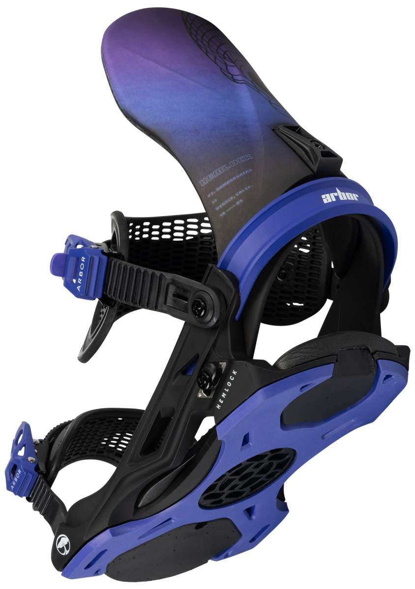 Arbor Hemlock Snowboard Bindings 2024 - Black bindings with white lettering on straps and buckles.