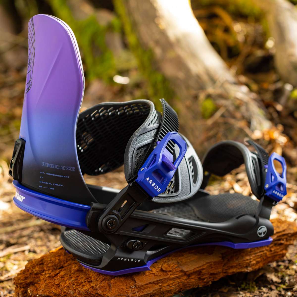 Arbor Hemlock Snowboard Bindings 2024 - Black bindings with silver screws and black straps on a wood surface.