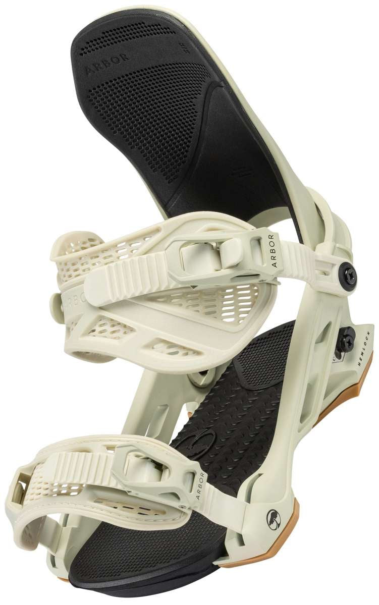 Arbor Hemlock Snowboard Bindings 2024 - A pair of white snowboard bindings with black straps and buckles, featuring a textured rubber footbed.