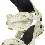 Arbor Hemlock Snowboard Bindings 2024 - A pair of white snowboard bindings with black straps and buckles, featuring a textured rubber footbed.