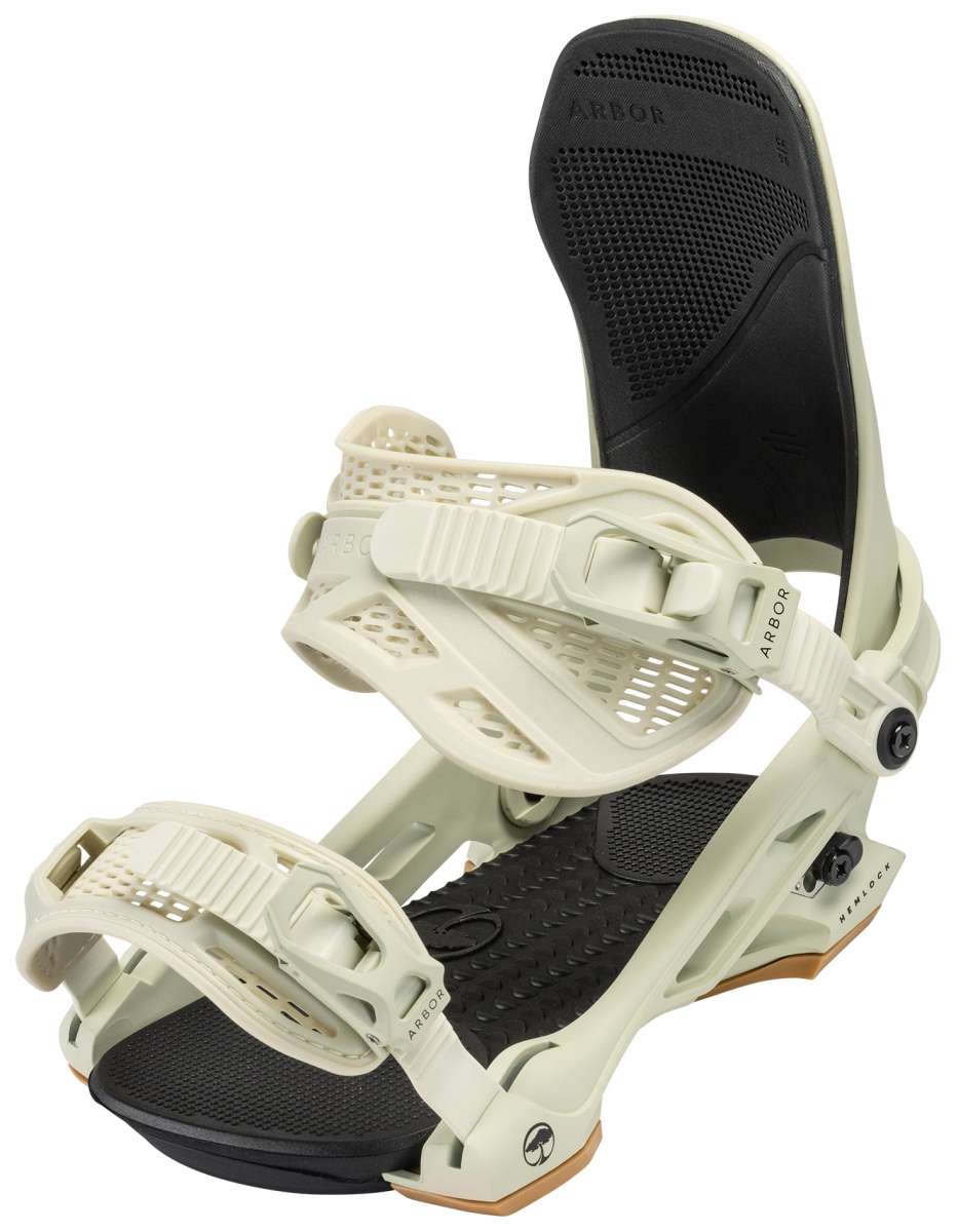 Arbor Hemlock Snowboard Bindings 2024 - White bindings with black straps and buckles, featuring a textured pattern on the footbed.