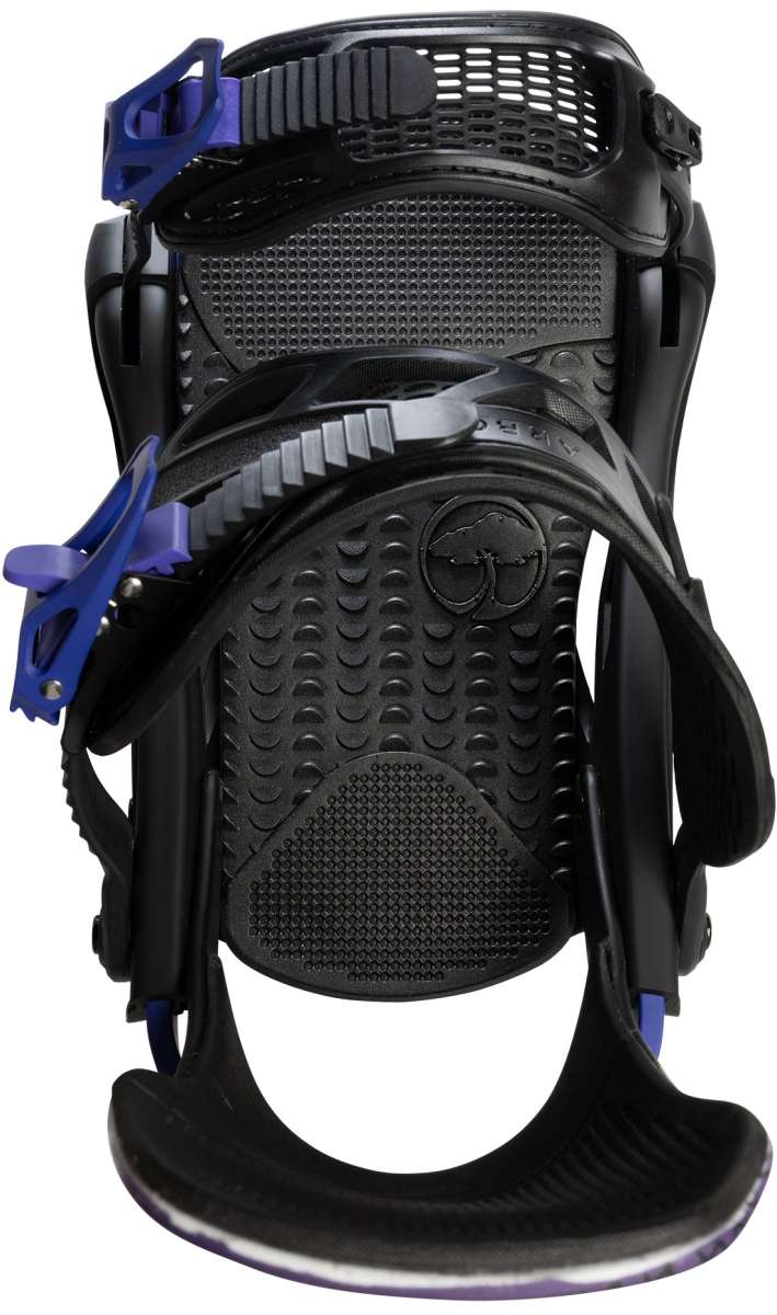 Arbor Hemlock Snowboard Bindings 2024 - Black bindings with blue buckles and straps on a white background.