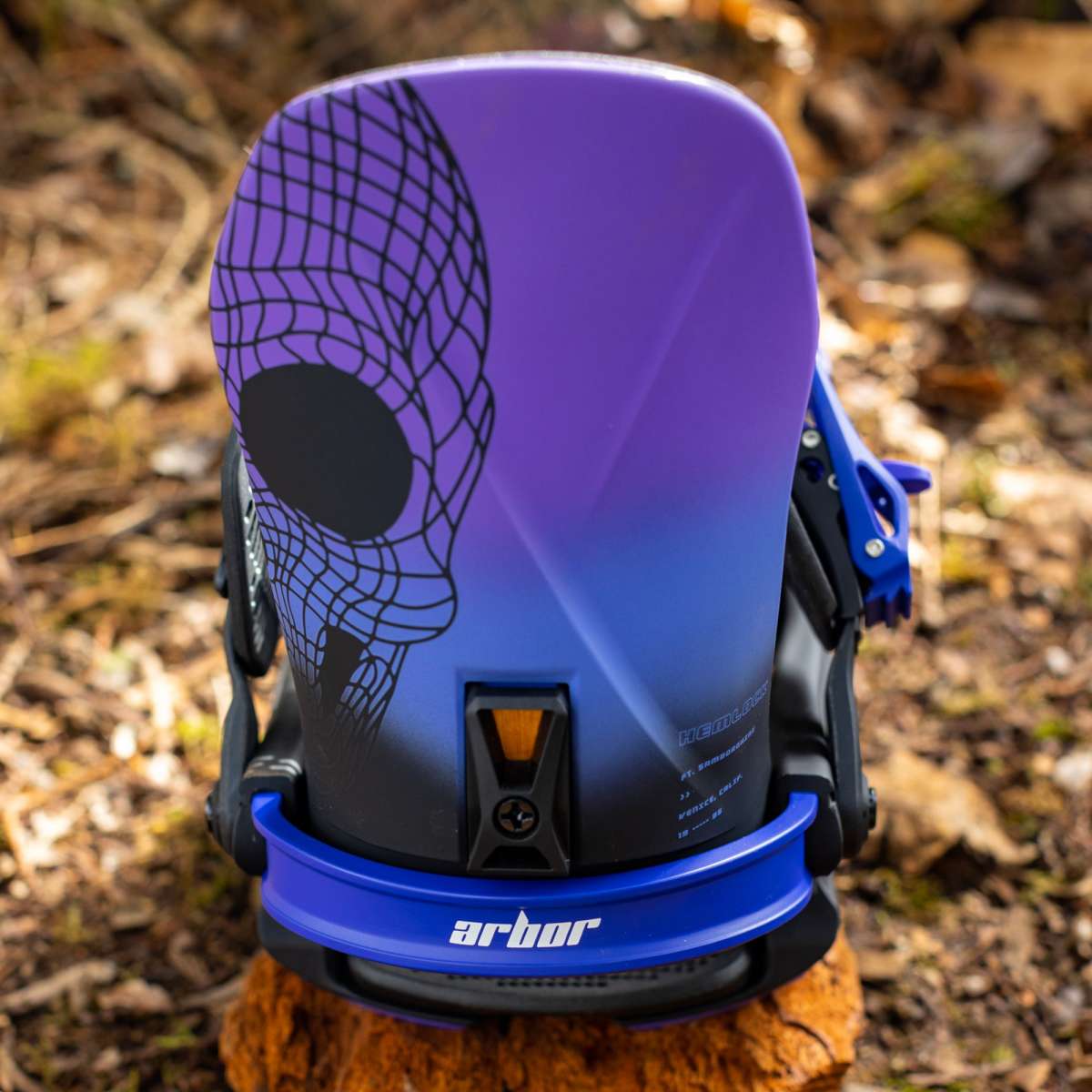 Arbor Hemlock Snowboard Bindings 2024 - A pair of snowboard bindings with a black base and silver screws, featuring a distinctive spiderweb design on the top plate.