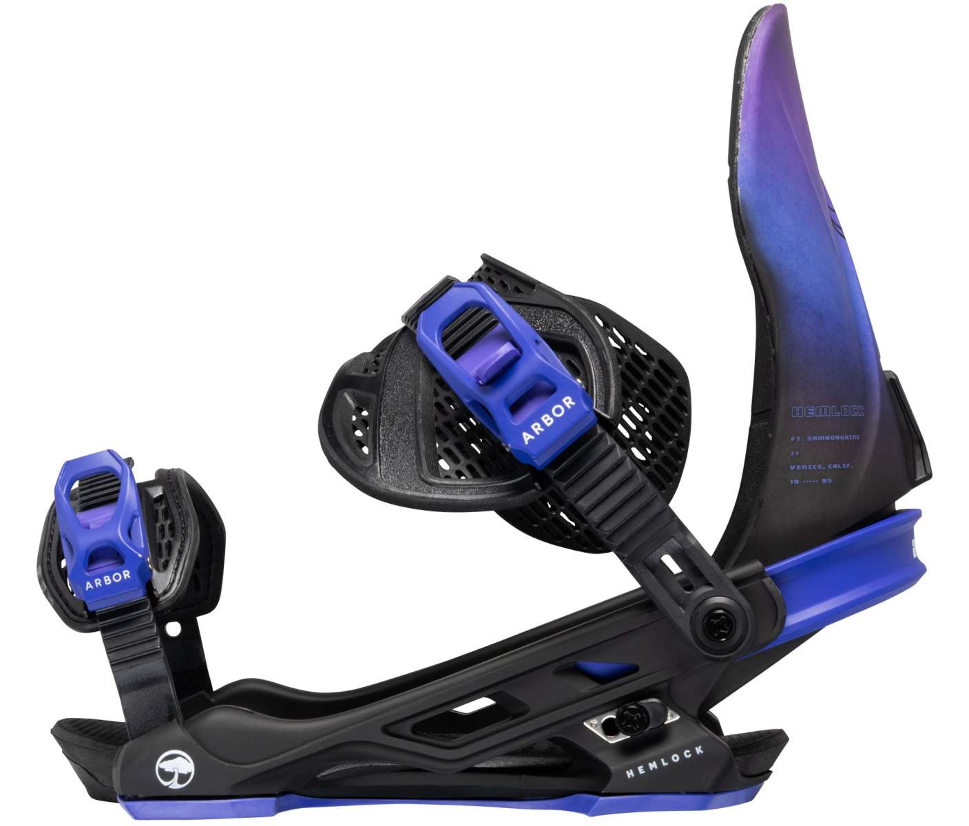 Arbor Hemlock Snowboard Bindings 2024 - Black bindings with blue buckles and straps.