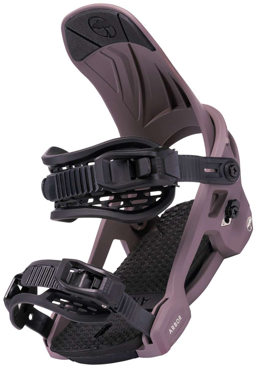 Arbor Women's Acacia Snowboard Bindings 2024 - A pair of snowboard bindings with a black strap and silver buckles, featuring a textured pattern on the straps.