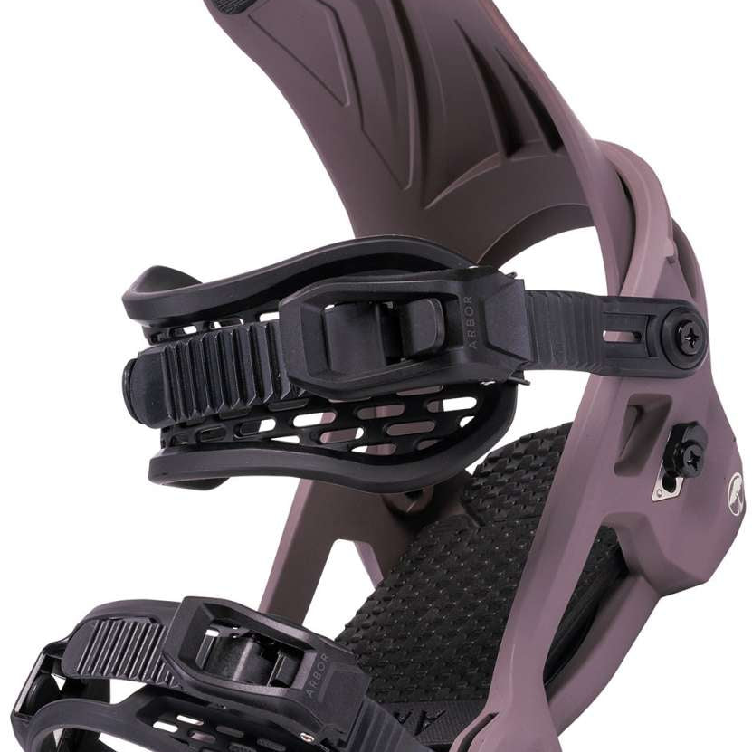 Arbor Women's Acacia Snowboard Bindings 2024 - A pair of snowboard bindings with a black strap and silver buckles, featuring a textured pattern on the straps.