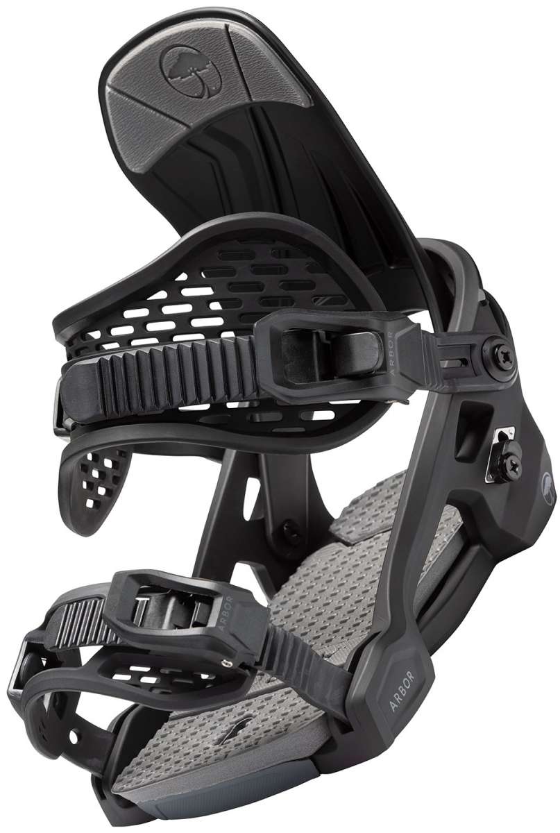 Arbor Women's Acacia Snowboard Bindings 2024 - Black bindings with a textured pattern on the straps and a silver buckle.