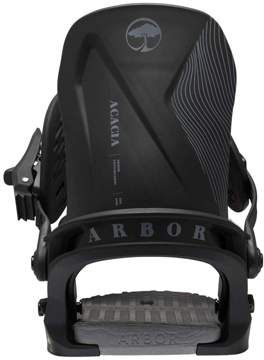 Arbor Women's Acacia Snowboard Bindings 2024 - A black snowboard binding with a distinctive wavy line pattern on the right side and an embossed logo featuring a tree in a circle at the top.