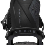 Arbor Women's Acacia Snowboard Bindings 2024 - A black snowboard binding with a distinctive wavy line pattern on the right side and an embossed logo featuring a tree in a circle at the top.