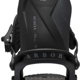 Arbor Women's Acacia Snowboard Bindings 2024 - A black snowboard binding with a distinctive wavy line pattern on the right side and an embossed logo featuring a tree in a circle at the top.